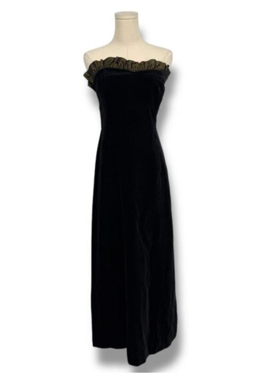 Laura Ashley Dresses & Skirts - Laura Ashley Black Strapless Velvet Gown with Olive Ruffle